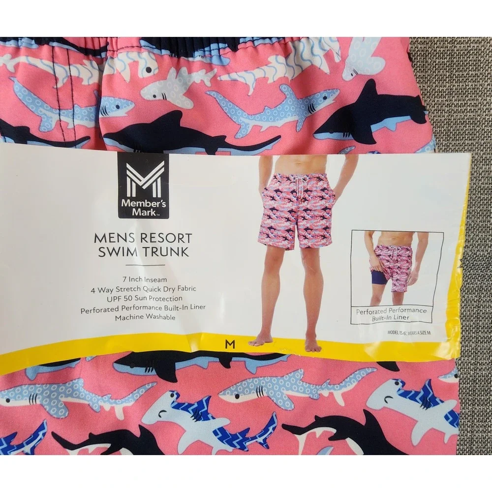 Member's Mark Mens M Resort Swim Trunk Pink Shark Board Shorts Beachwear